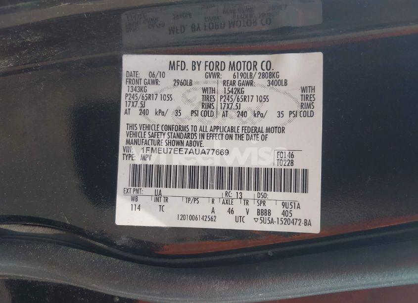 Photo 9 of 2010 Ford Explorer EDDIE BAUER (VIN 1FMEU7EE7AUA77669)