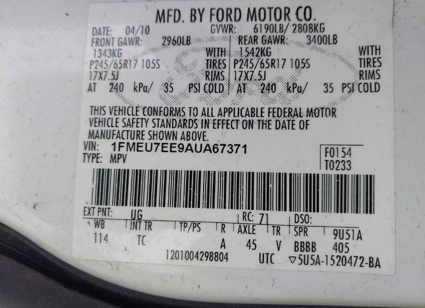 Photo 9 of 2010 Ford Explorer EDDIE BAUER (VIN 1FMEU7EE9AUA67371)