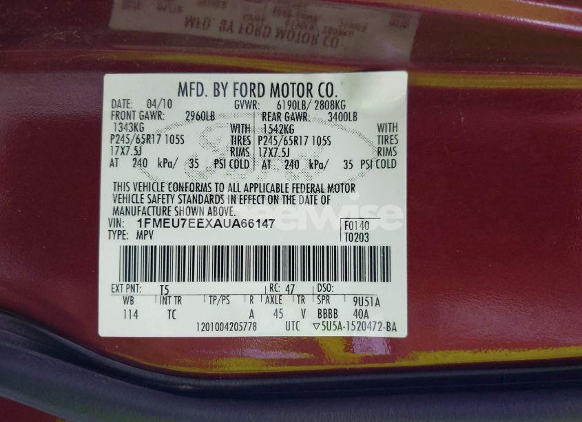 Photo 9 of 2010 Ford Explorer EDDIE BAUER (VIN 1FMEU7EEXAUA66147)