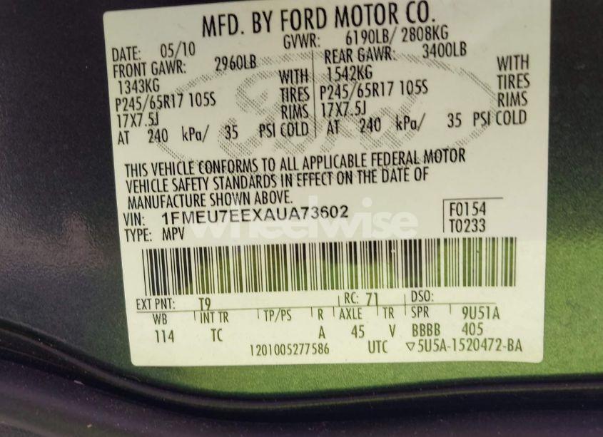 Photo 9 of 2010 Ford Explorer EDDIE BAUER (VIN 1FMEU7EEXAUA73602)