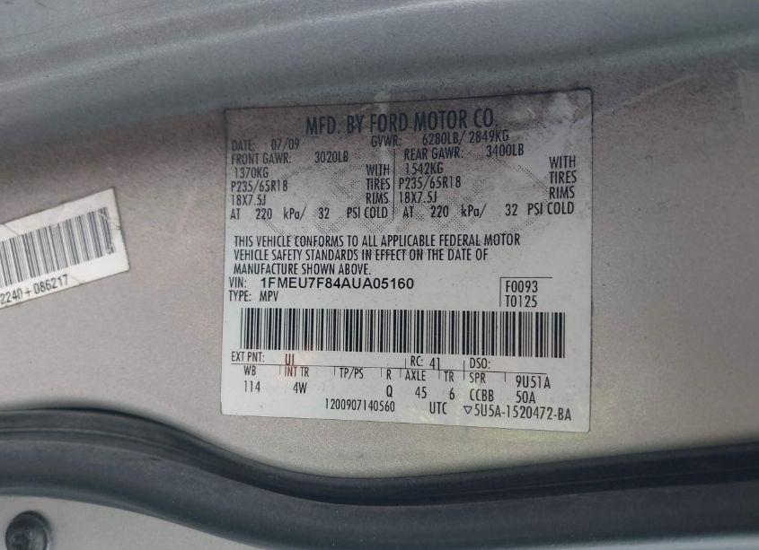 Photo 9 of 2010 Ford Explorer LIMITED (VIN 1FMEU7F84AUA05160)