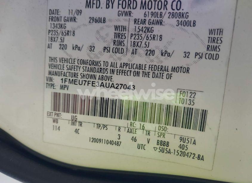 Photo 9 of 2010 Ford Explorer LIMITED (VIN 1FMEU7FE3AUA27043)