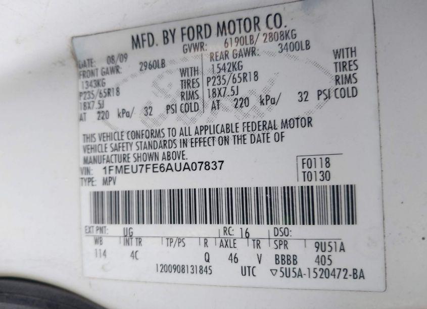 Photo 9 of 2010 Ford Explorer LIMITED (VIN 1FMEU7FE6AUA07837)