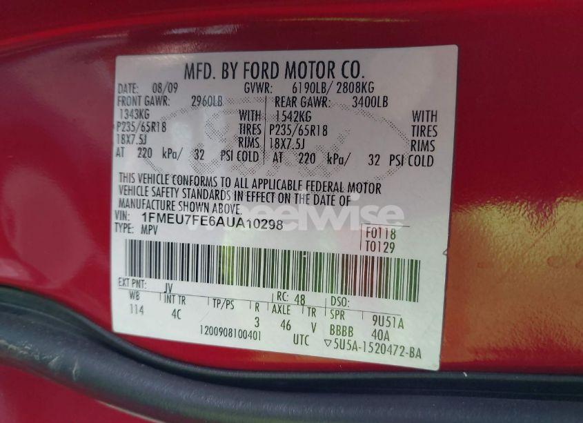 Photo 9 of 2010 Ford Explorer LIMITED (VIN 1FMEU7FE6AUA10298)