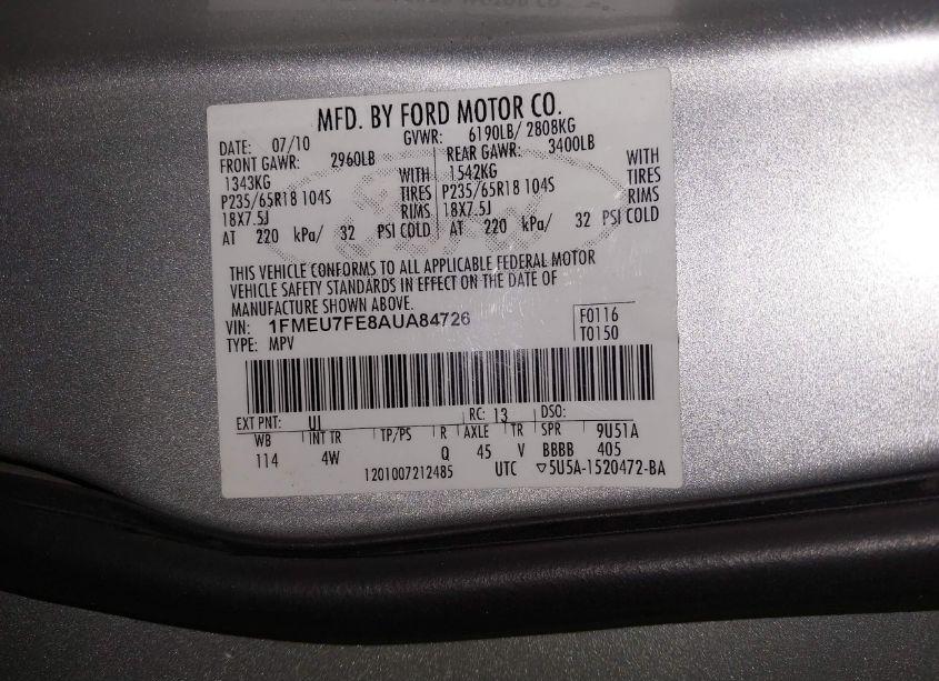 Photo 9 of 2010 Ford Explorer LIMITED (VIN 1FMEU7FE8AUA84726)