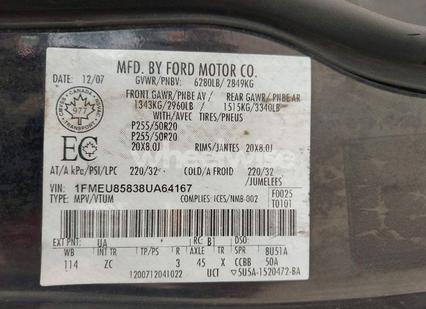 Photo 9 of 2008 Ford Explorer LIMITED (VIN 1FMEU85838UA64167)