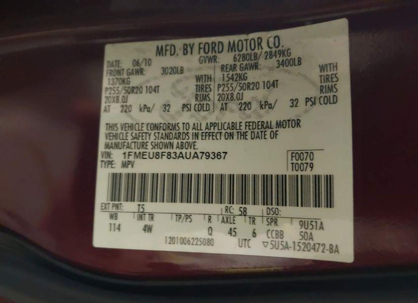 Photo 9 of 2010 Ford Explorer LIMITED (VIN 1FMEU8F83AUA79367)