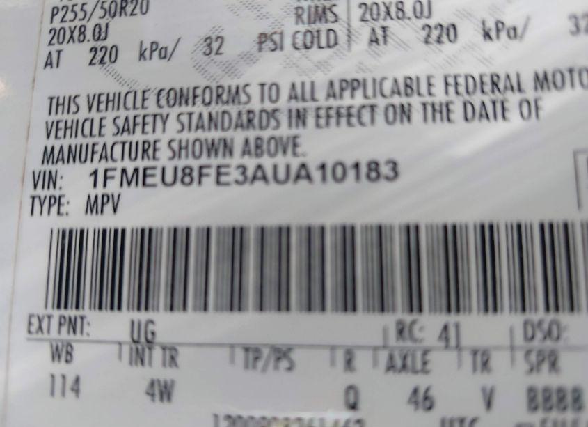 Photo 9 of 2010 Ford Explorer LIMITED (VIN 1FMEU8FE3AUA10183)