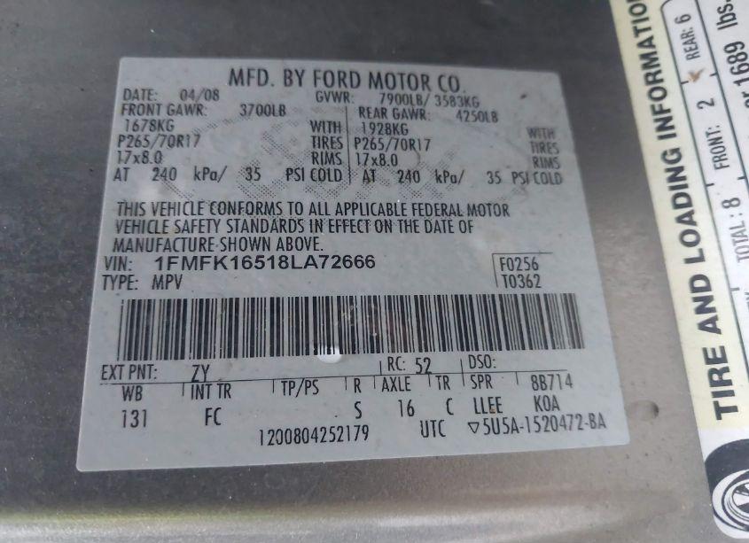 Photo 9 of 2008 Ford Expedition EL XLT (VIN 1FMFK16518LA72666)