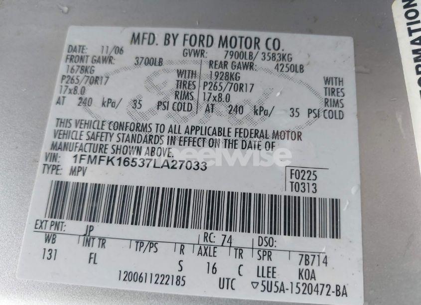 Photo 9 of 2007 Ford Expedition EL XLT (VIN 1FMFK16537LA27033)