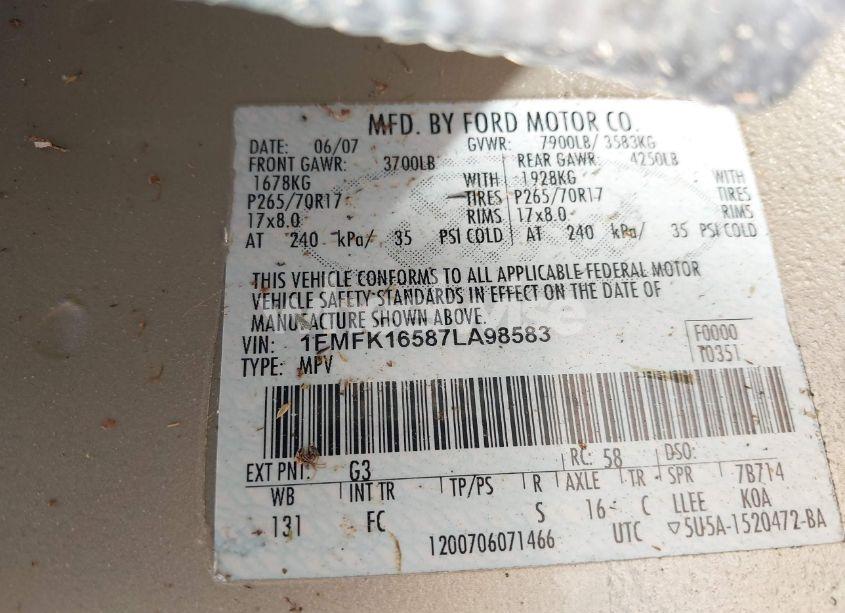 Photo 9 of 2007 Ford Expedition EL XLT (VIN 1FMFK16587LA98583)