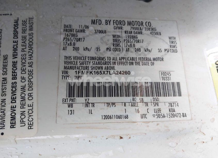 Photo 9 of 2007 Ford Expedition EL XLT (VIN 1FMFK165X7LA24260)