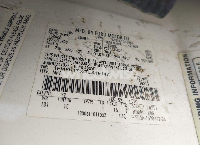 Photo 9 of 2007 Ford Expedition EL EDDIE BAUER (VIN 1FMFK17527LA19147)