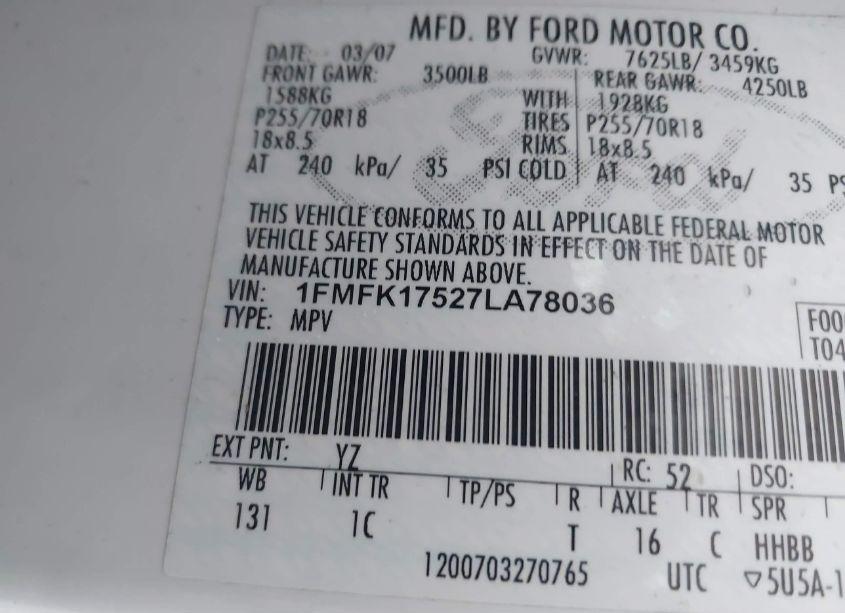 Photo 9 of 2007 Ford Expedition EL EDDIE BAUER (VIN 1FMFK17527LA78036)