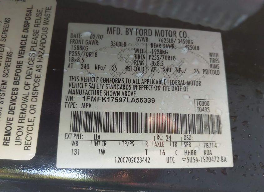 Photo 9 of 2007 Ford Expedition EL EDDIE BAUER (VIN 1FMFK17597LA56339)