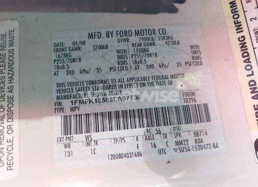 Photo 9 of 2008 Ford Expedition EL EDDIE BAUER (VIN 1FMFK18588LA67736)