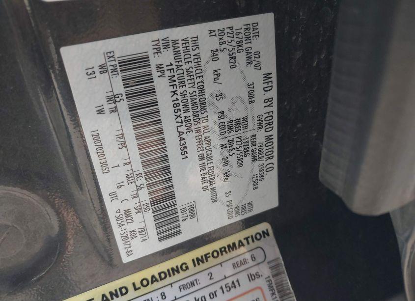 Photo 9 of 2007 Ford Expedition EL EDDIE BAUER (VIN 1FMFK185X7LA43551)