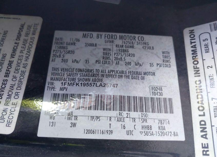 Photo 9 of 2007 Ford Expedition EL LIMITED (VIN 1FMFK19557LA25747)