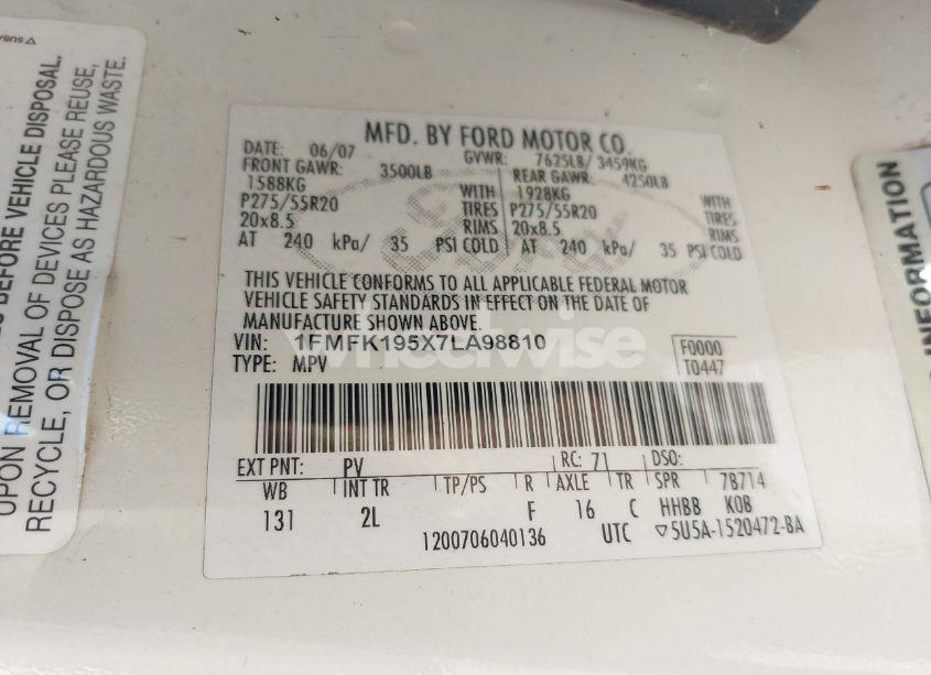 Photo 9 of 2007 Ford Expedition EL LIMITED (VIN 1FMFK195X7LA98810)