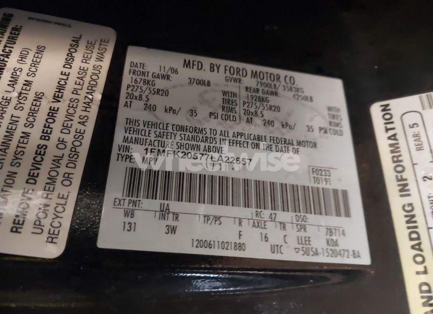 Photo 9 of 2007 Ford Expedition EL LIMITED (VIN 1FMFK20577LA22657)