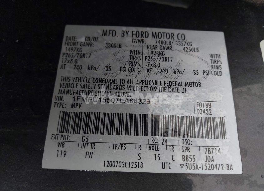 Photo 9 of 2007 Ford Expedition XLT (VIN 1FMFU15507LA64326)