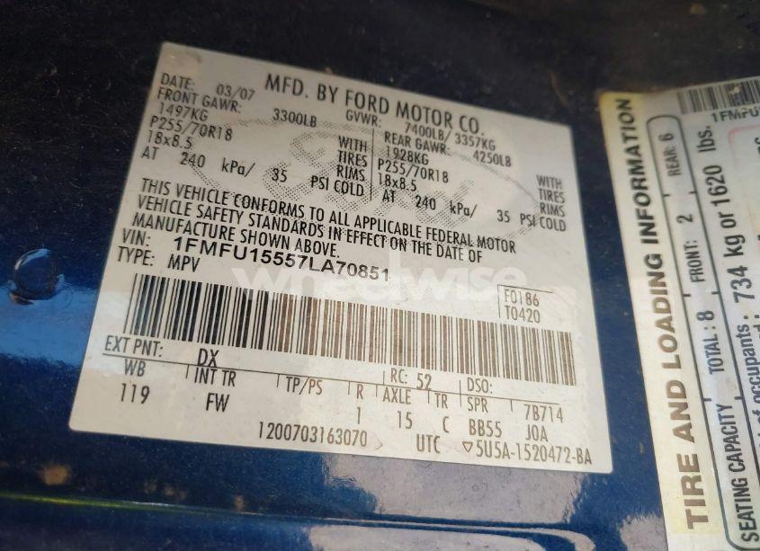 Photo 9 of 2007 Ford Expedition XLT (VIN 1FMFU15557LA70851)