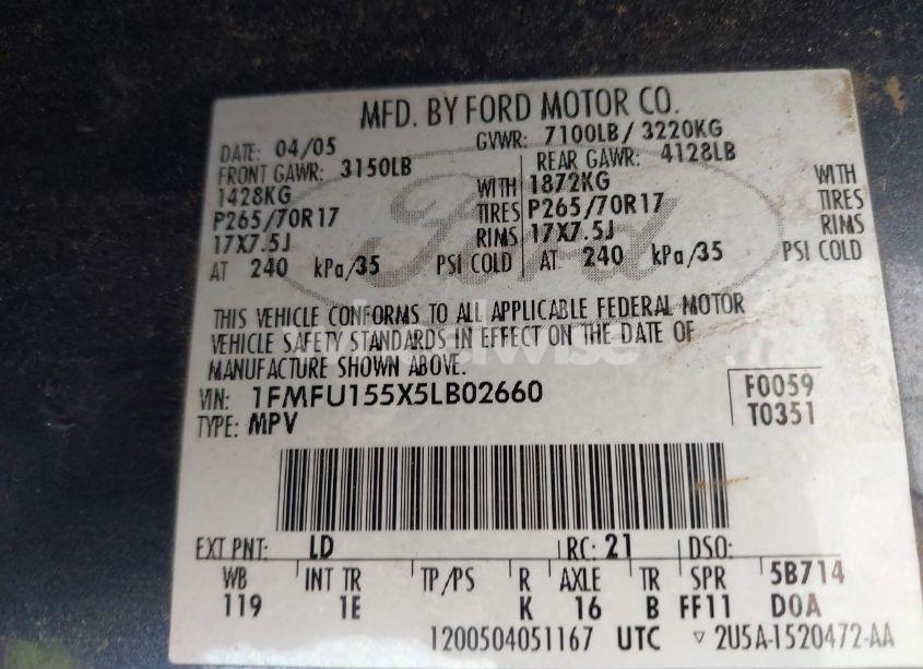 Photo 9 of 2005 Ford Expedition XLT (VIN 1FMFU155X5LB02660)