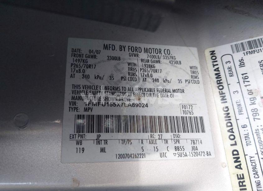 Photo 9 of 2007 Ford Expedition XLT (VIN 1FMFU155X7LA89024)