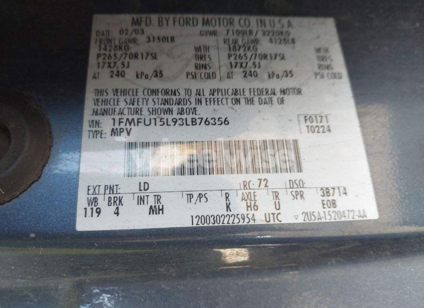 Photo 9 of 2003 Ford Expedition XLT (VIN 1FMFU15L93LB76356)