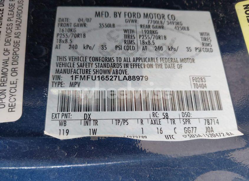 Photo 9 of 2007 Ford Expedition XLT (VIN 1FMFU16527LA88979)