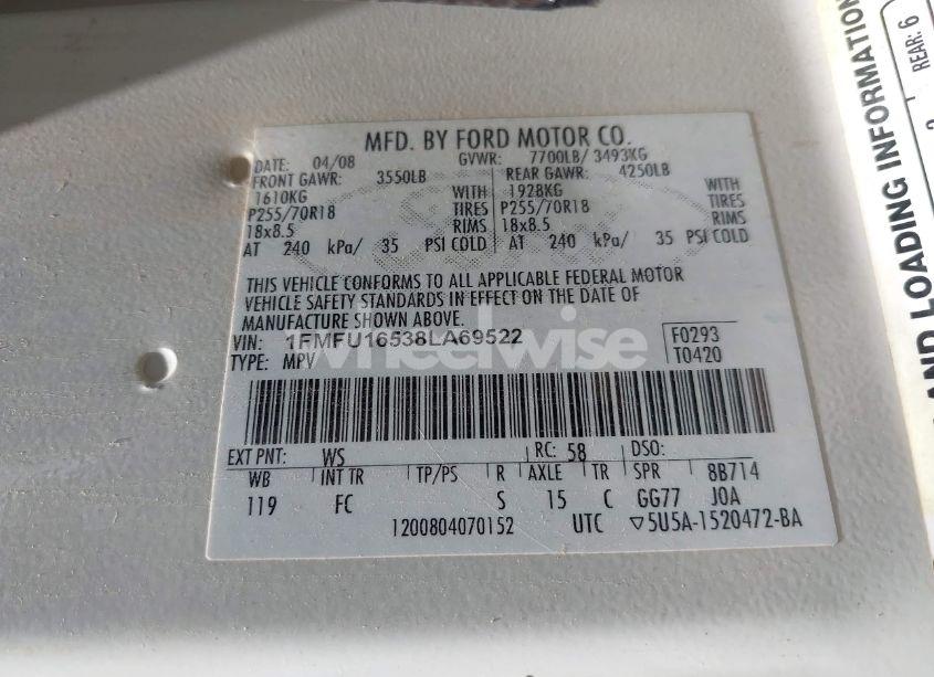 Photo 9 of 2008 Ford Expedition XLT (VIN 1FMFU16538LA69522)