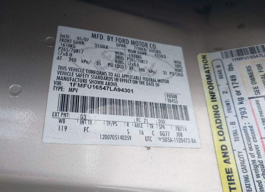 Photo 9 of 2007 Ford Expedition XLT (VIN 1FMFU16547LA94301)