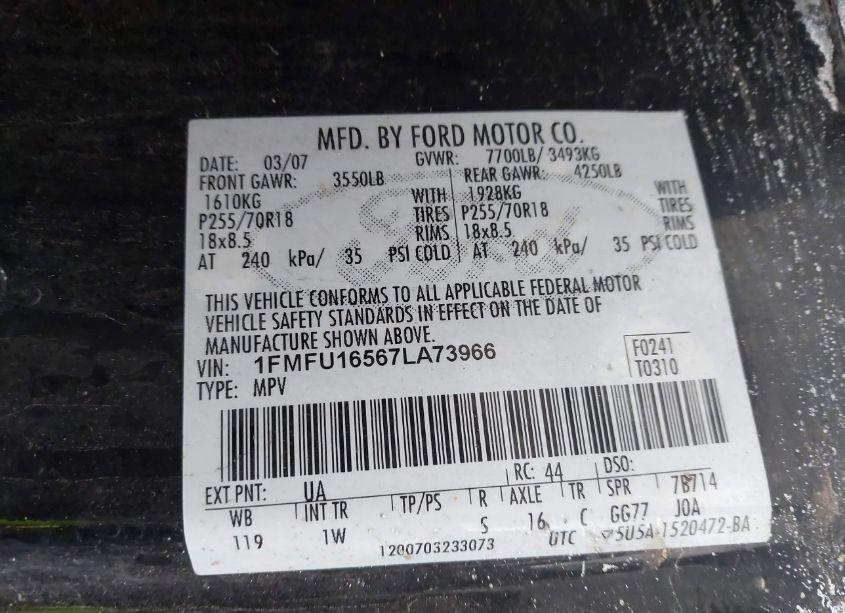 Photo 9 of 2007 Ford Expedition XLT (VIN 1FMFU16567LA73966)