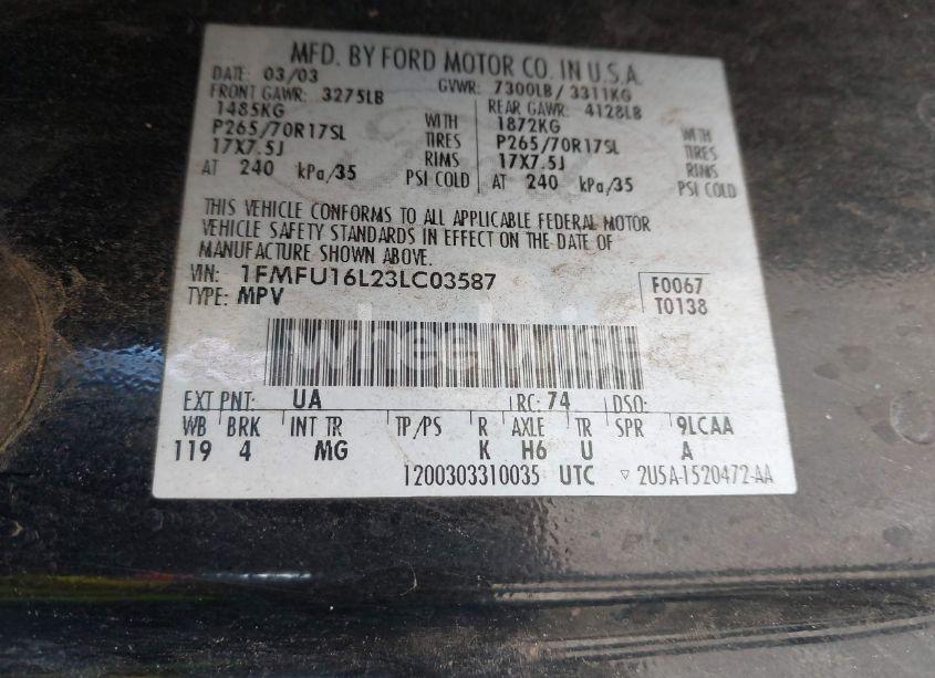 Photo 9 of 2003 Ford Expedition XLT (VIN 1FMFU16L23LC03587)