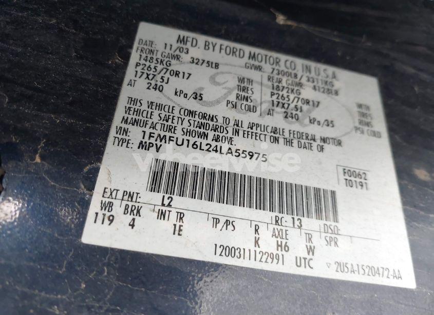 Photo 9 of 2004 Ford Expedition NBX/XLT (VIN 1FMFU16L24LA55975)