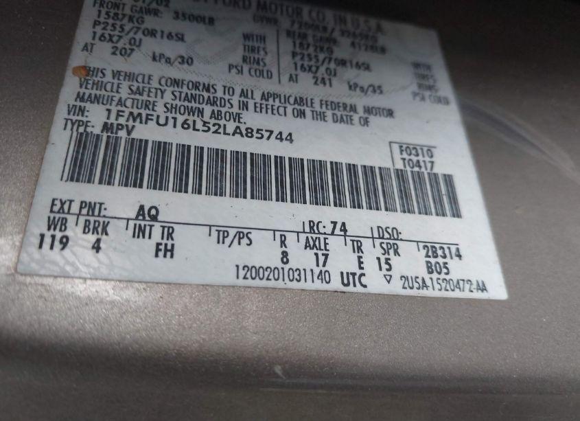 Photo 9 of 2002 Ford Expedition XLT (VIN 1FMFU16L52LA85744)