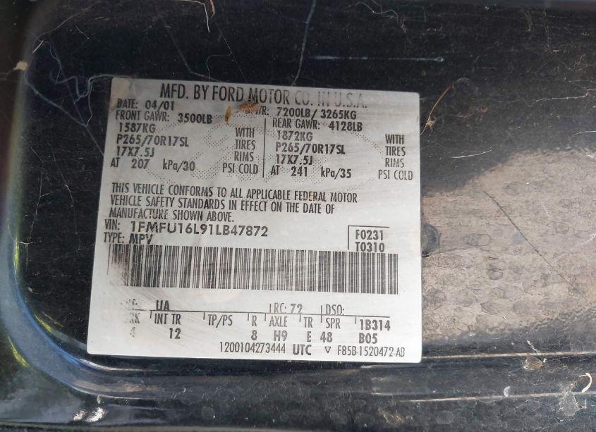 Photo 9 of 2001 Ford Expedition XLT (VIN 1FMFU16L91LB47872)