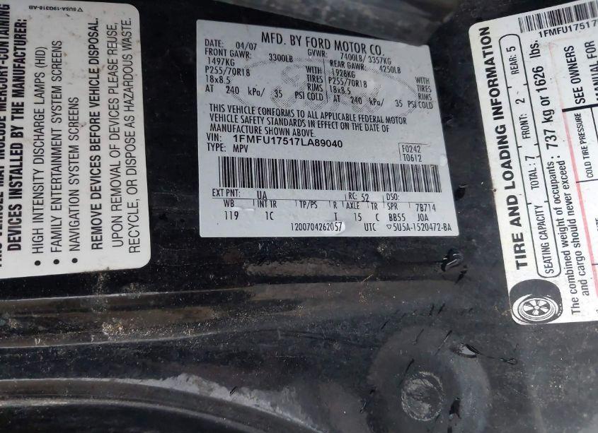 Photo 9 of 2007 Ford Expedition EDDIE BAUER (VIN 1FMFU17517LA89040)