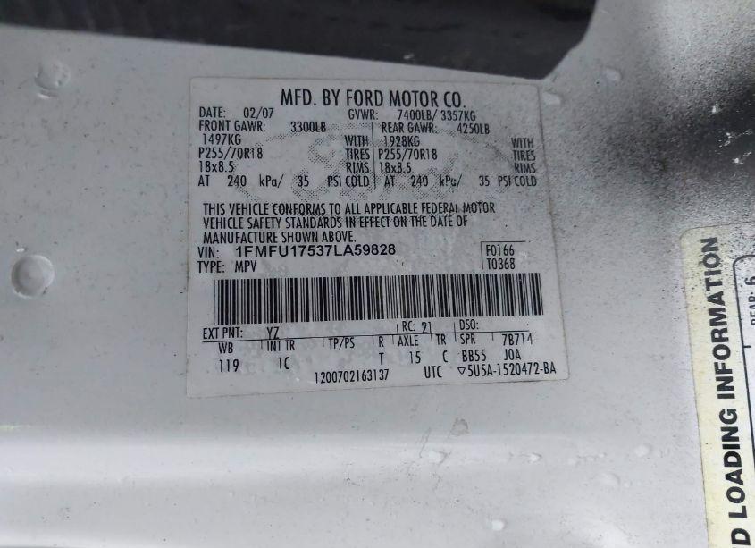 Photo 4 of 2007 Ford Expedition EDDIE BAUER (VIN 1FMFU17537LA59828)