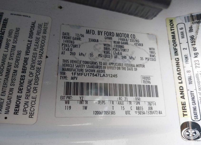 Photo 9 of 2007 Ford Expedition EDDIE BAUER (VIN 1FMFU17547LA31245)