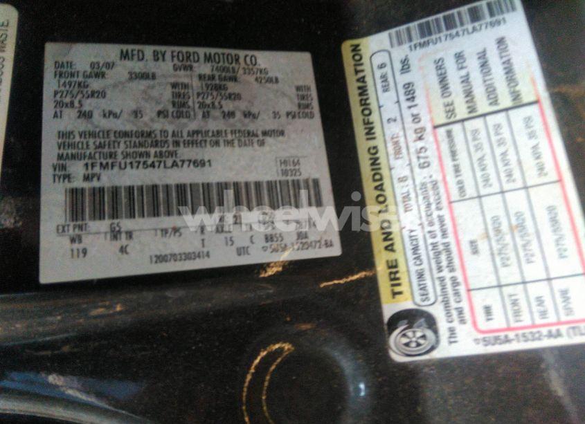 Photo 9 of 2007 Ford Expedition EDDIE BAUER (VIN 1FMFU17547LA77691)