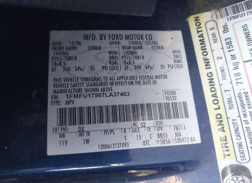 Photo 9 of 2007 Ford Expedition EDDIE BAUER (VIN 1FMFU17567LA37483)