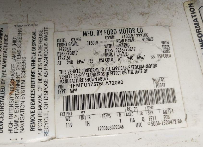 Photo 9 of 2006 Ford Expedition EDDIE BAUER/KING RANCH (VIN 1FMFU17576LA72080)