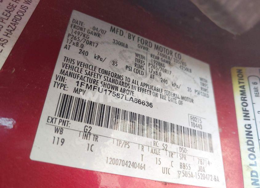 Photo 9 of 2007 Ford Expedition EDDIE BAUER (VIN 1FMFU17587LA86636)