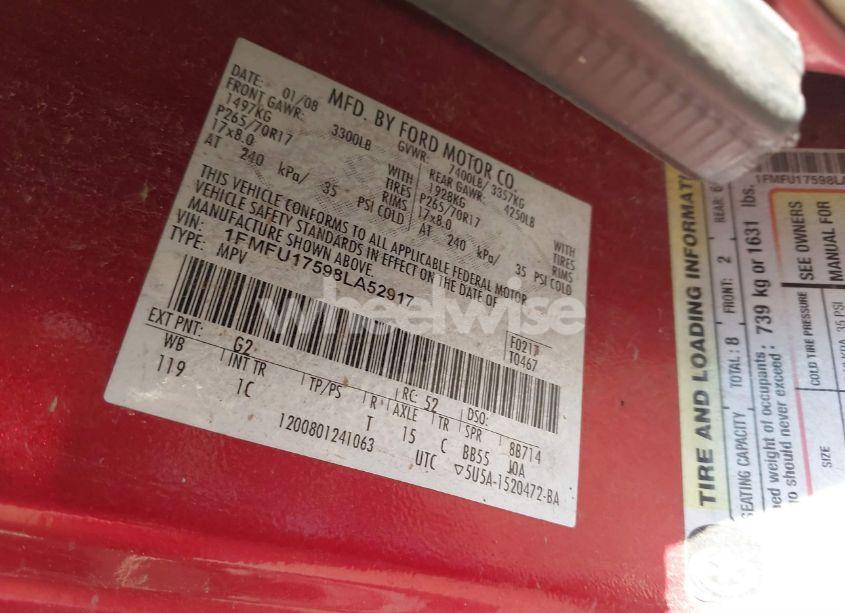 Photo 9 of 2008 Ford Expedition EDDIE BAUER/KING RANCH (VIN 1FMFU17598LA52917)