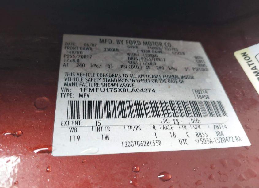 Photo 9 of 2008 Ford Expedition EDDIE BAUER (VIN 1FMFU175X8LA04374)