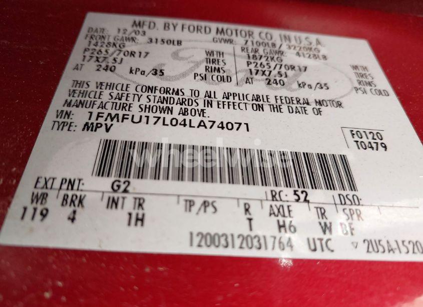 Photo 9 of 2004 Ford Expedition EDDIE BAUER (VIN 1FMFU17L04LA74071)