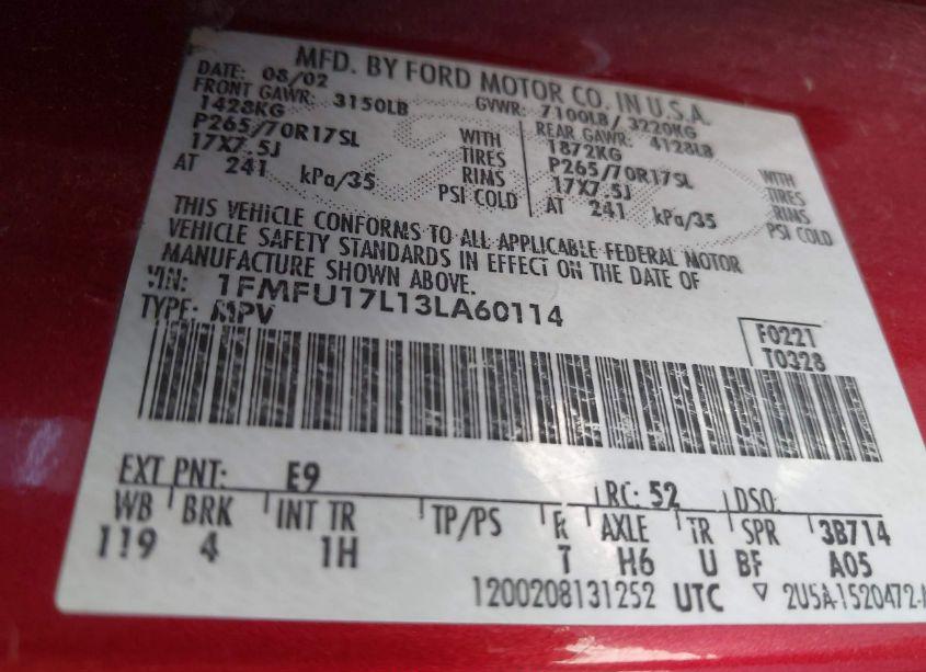 Photo 9 of 2003 Ford Expedition EDDIE BAUER (VIN 1FMFU17L13LA60114)