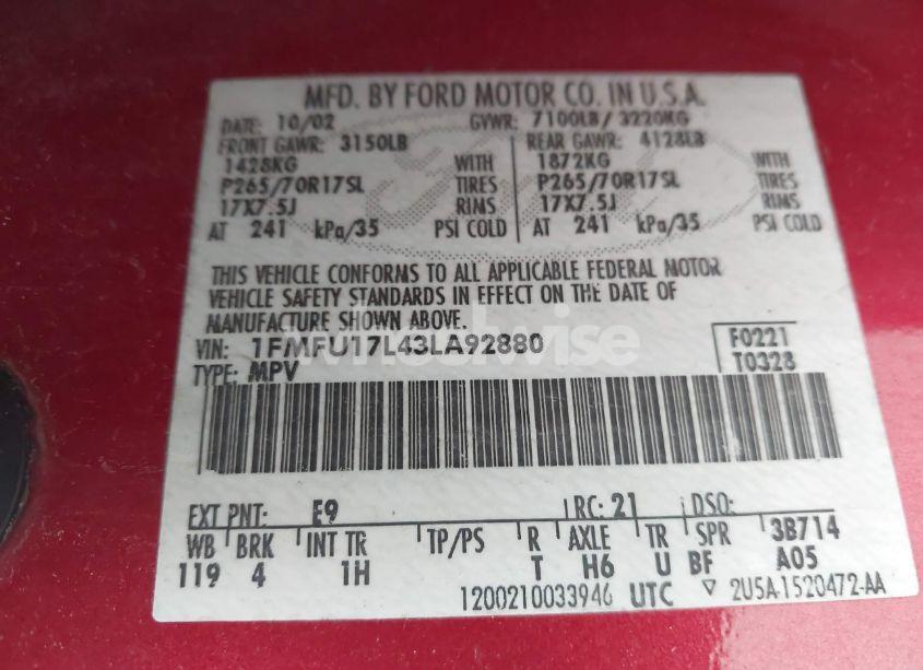 Photo 9 of 2003 Ford Expedition EDDIE BAUER (VIN 1FMFU17L43LA92880)