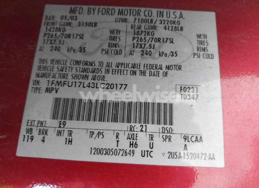 Photo 9 of 2003 Ford Expedition EDDIE BAUER (VIN 1FMFU17L43LC20177)